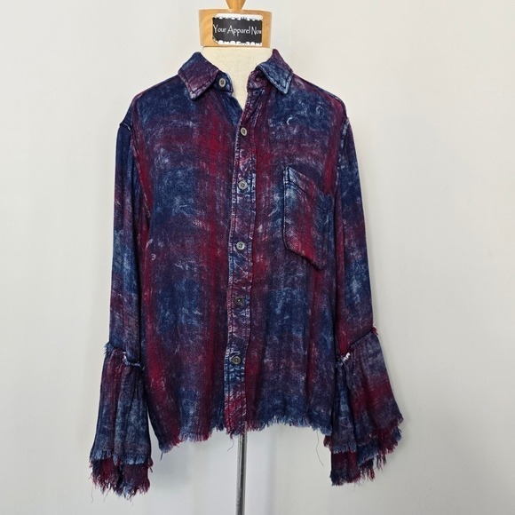 Vintage Havana Tops - Vintage Havana Blue Red Button Down Long Bell Sleeves w/fringe Top Sz Small (675